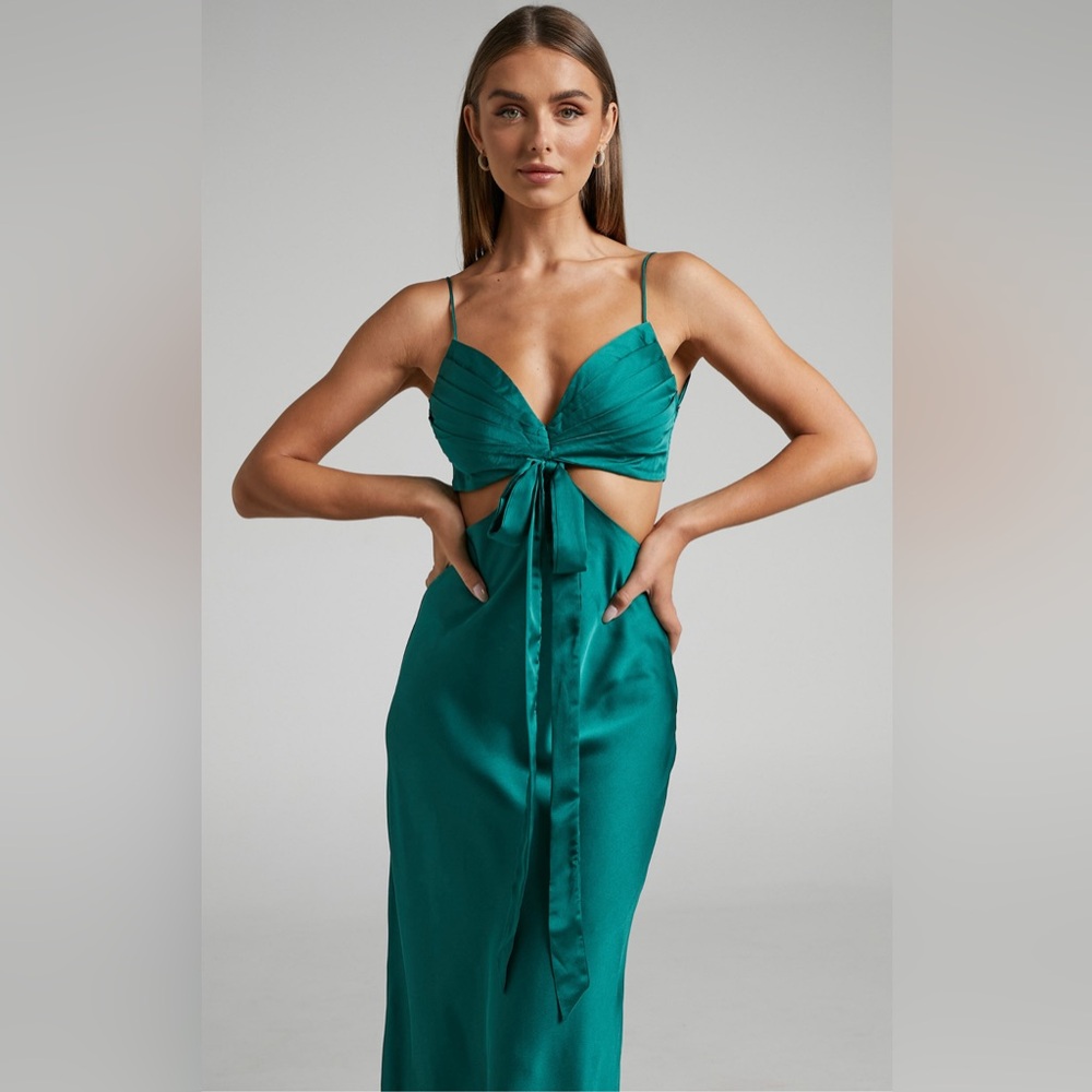 SHOWPO MELANY MIDI DRESS PLEATED BUST CUT OUT TIE DETAIL SATIN SLIP DRESS